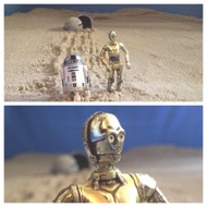 Jundland, or "No Man's Land", where the rugged desert mesas meet the foreboding dune sea. The two helpless droids kick up clouds of sand as they leave the lifepod and clumsily work their way across the desert wasteland. The lifepod in the distance rests half buried in the sand. THREEPIO: "How did I get into this mess? I really don't know how." #starwars #anhwt #starwarstoycrew #jbscrew #blackdeathcrew #starwarstoypix #toyshelf
